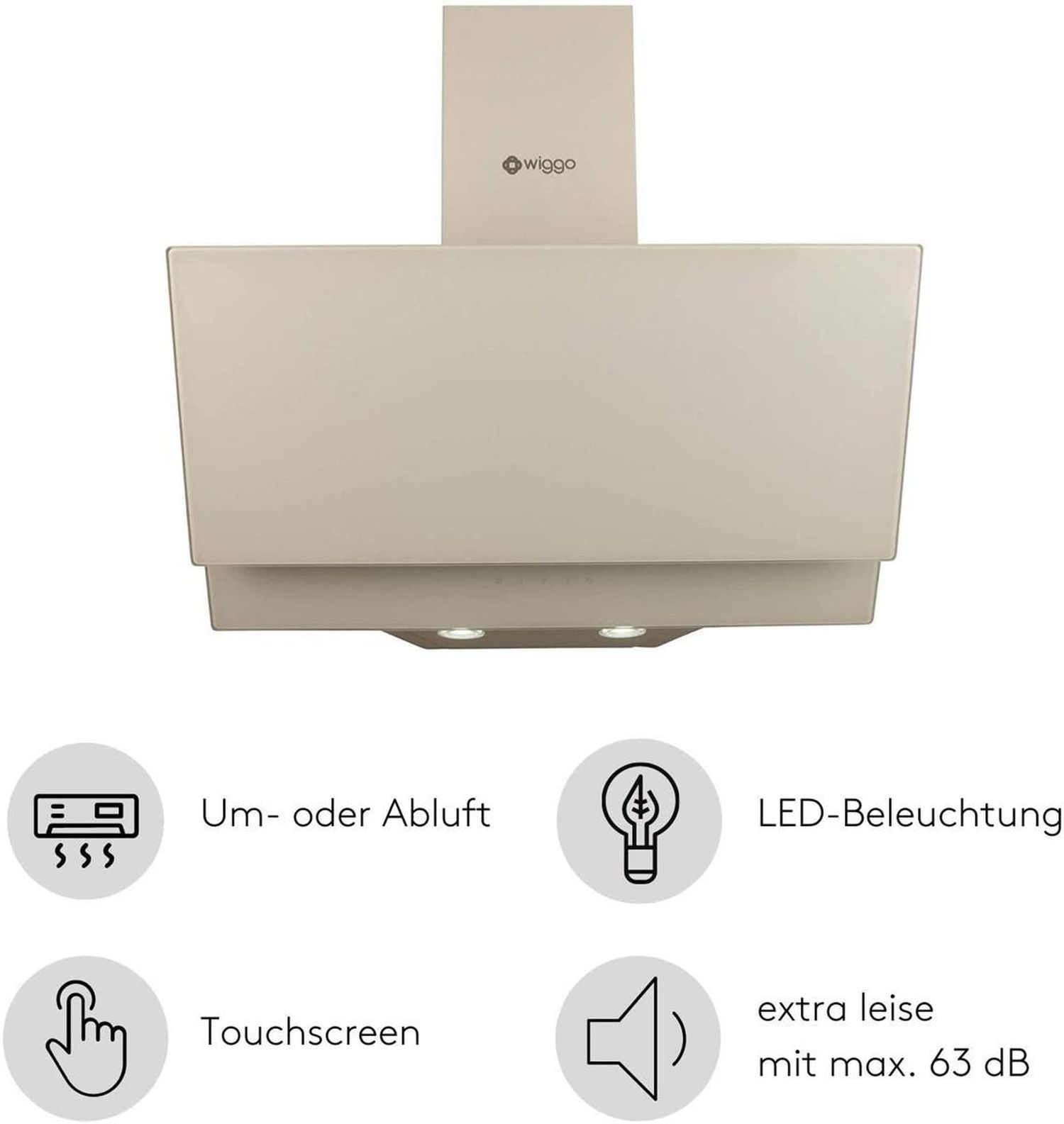 Beige Dunstabzugshaube mit Symbolen für Abluft, Touchscreen, LED und Geräuschpegel.