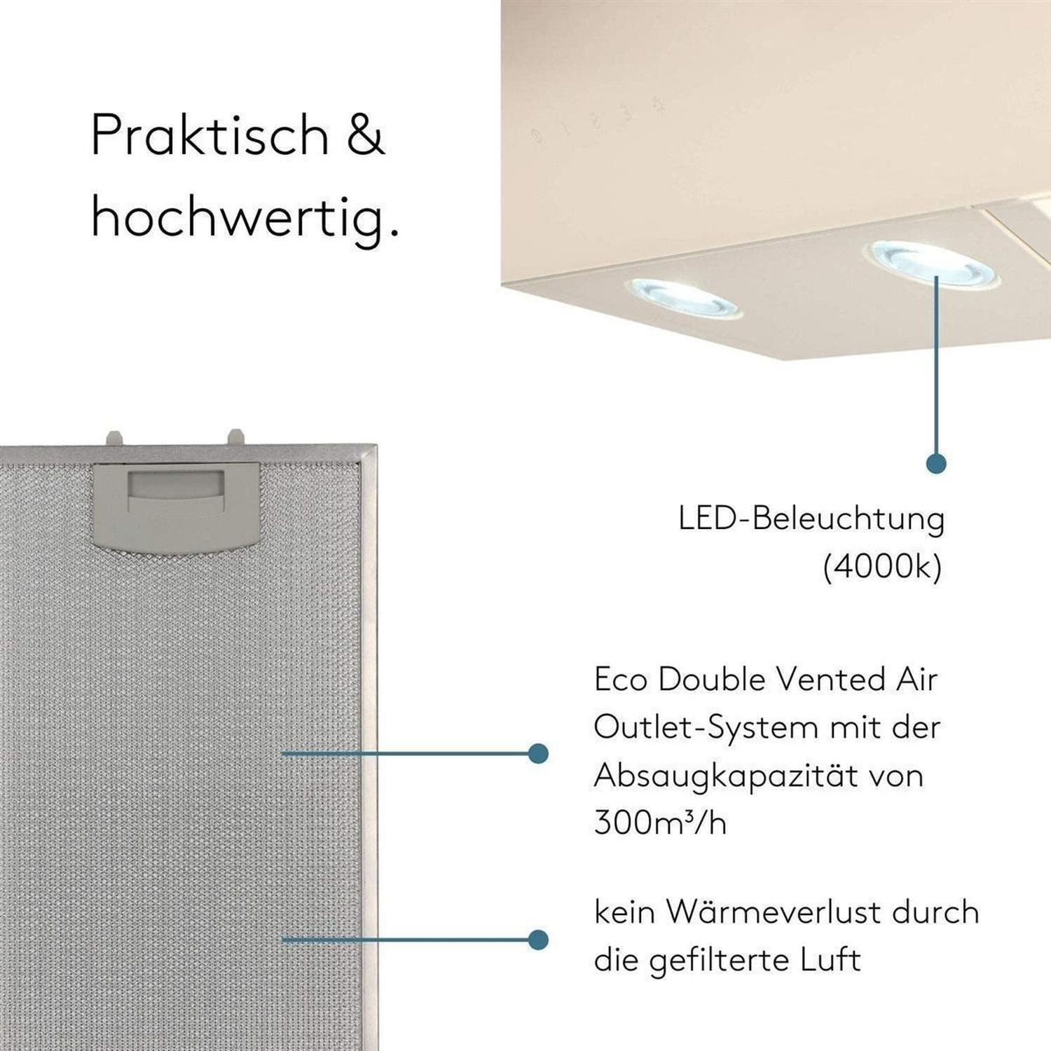 Hotte aspirante avec éclairage LED, filtre métallique et forte puissance d'extraction.