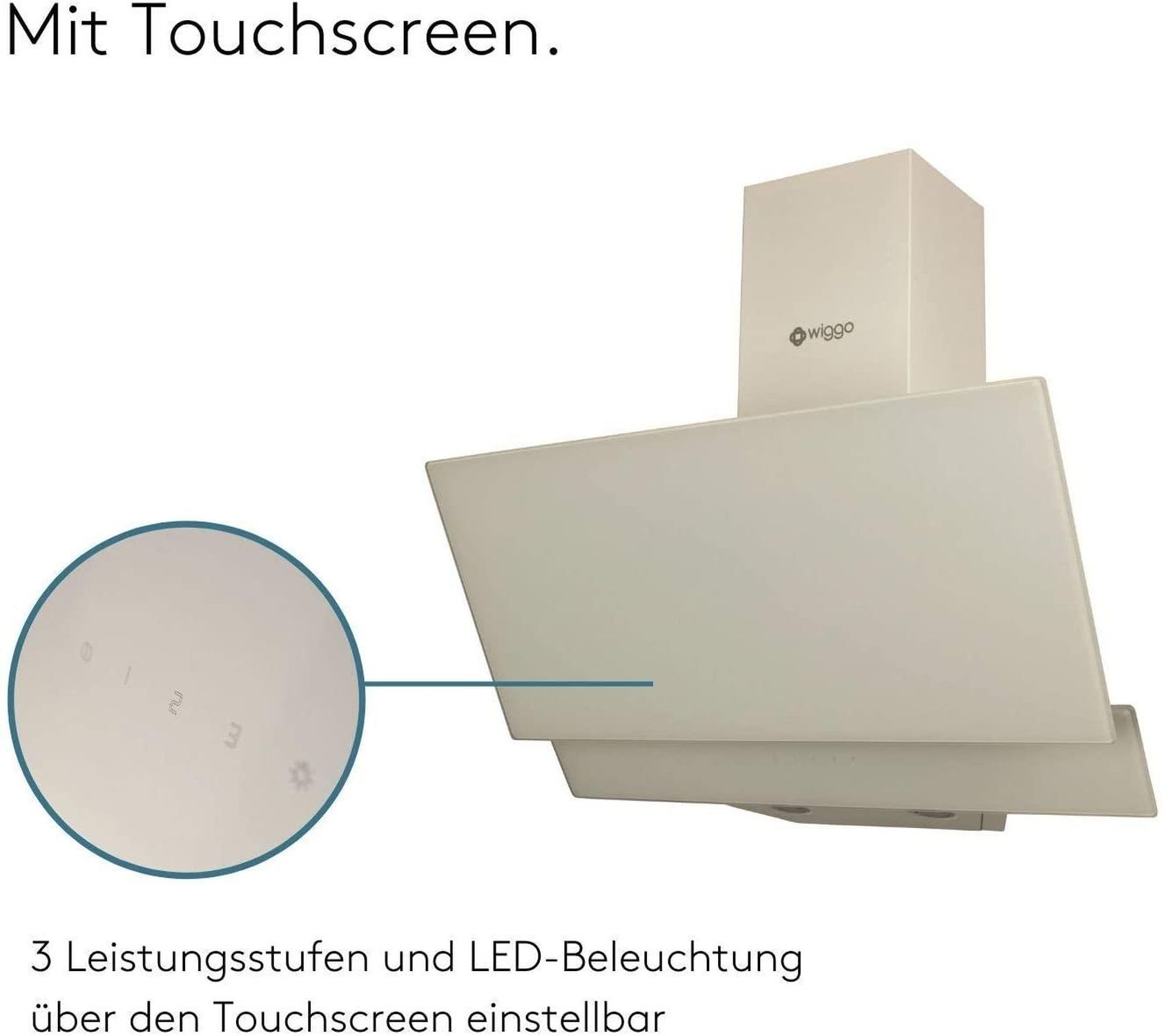 Eine weiße Dunstabzugshaube mit Touchscreen-Bedienfeld und LED-Beleuchtung.