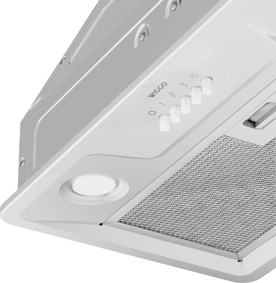 Gros plan d'une hotte aspirante blanche avec commandes et filtre métallique.
