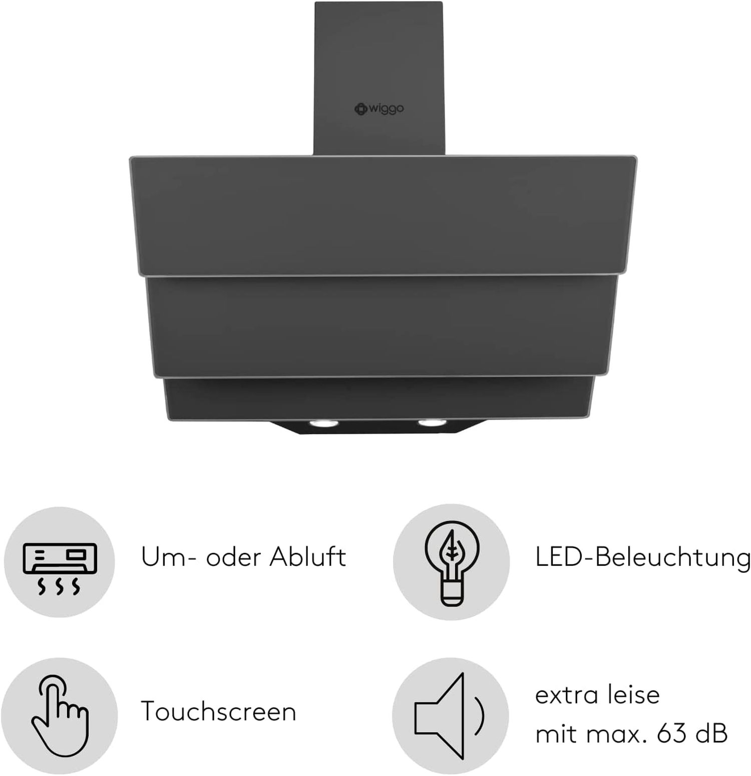 Grauer Dunstabzugshaube mit Touchscreen, LED und leisem Betrieb.