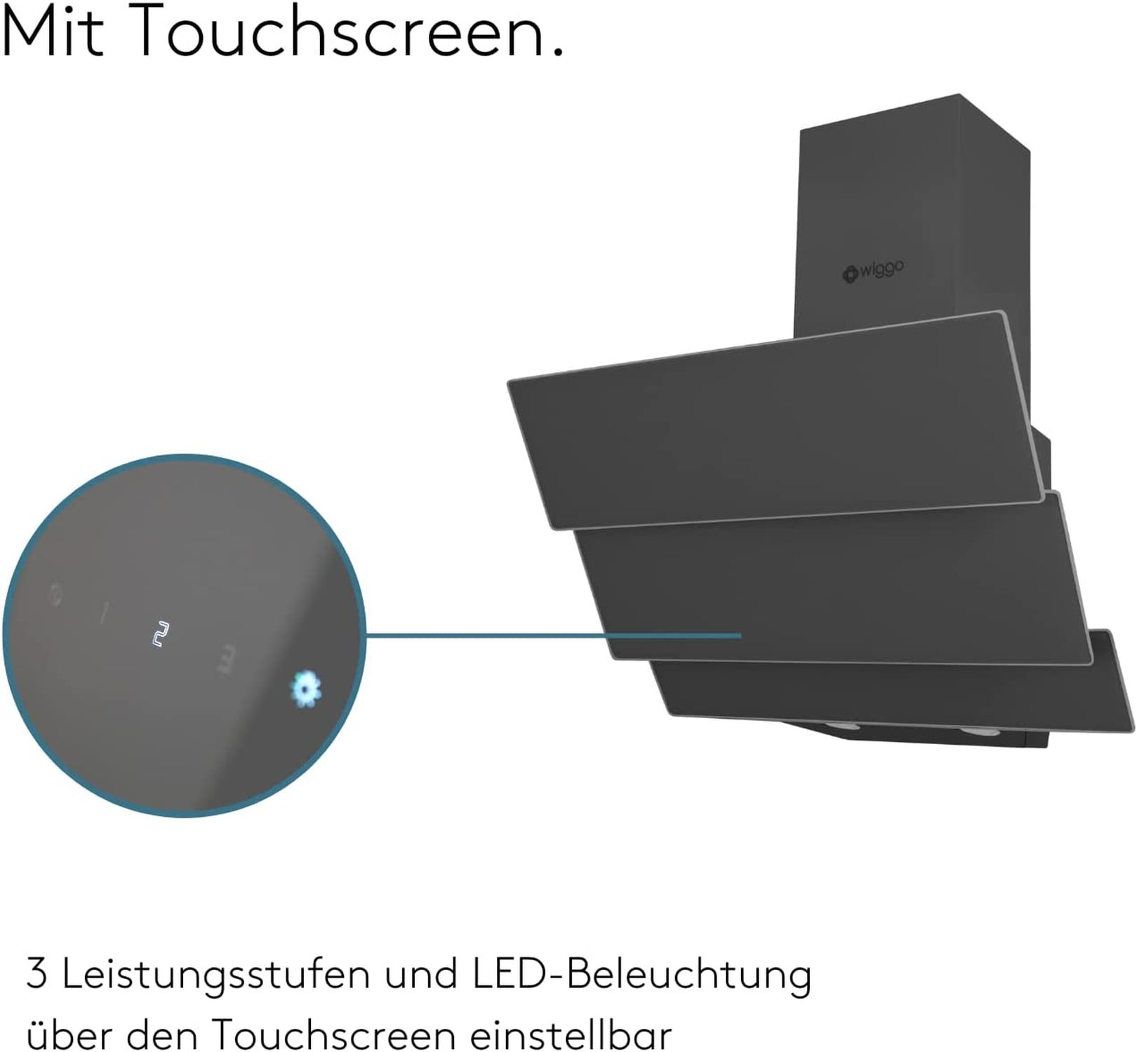 Dunkelgraue Dunstabzugshaube mit Touchscreen-Bedienfeld und LED-Beleuchtung.
