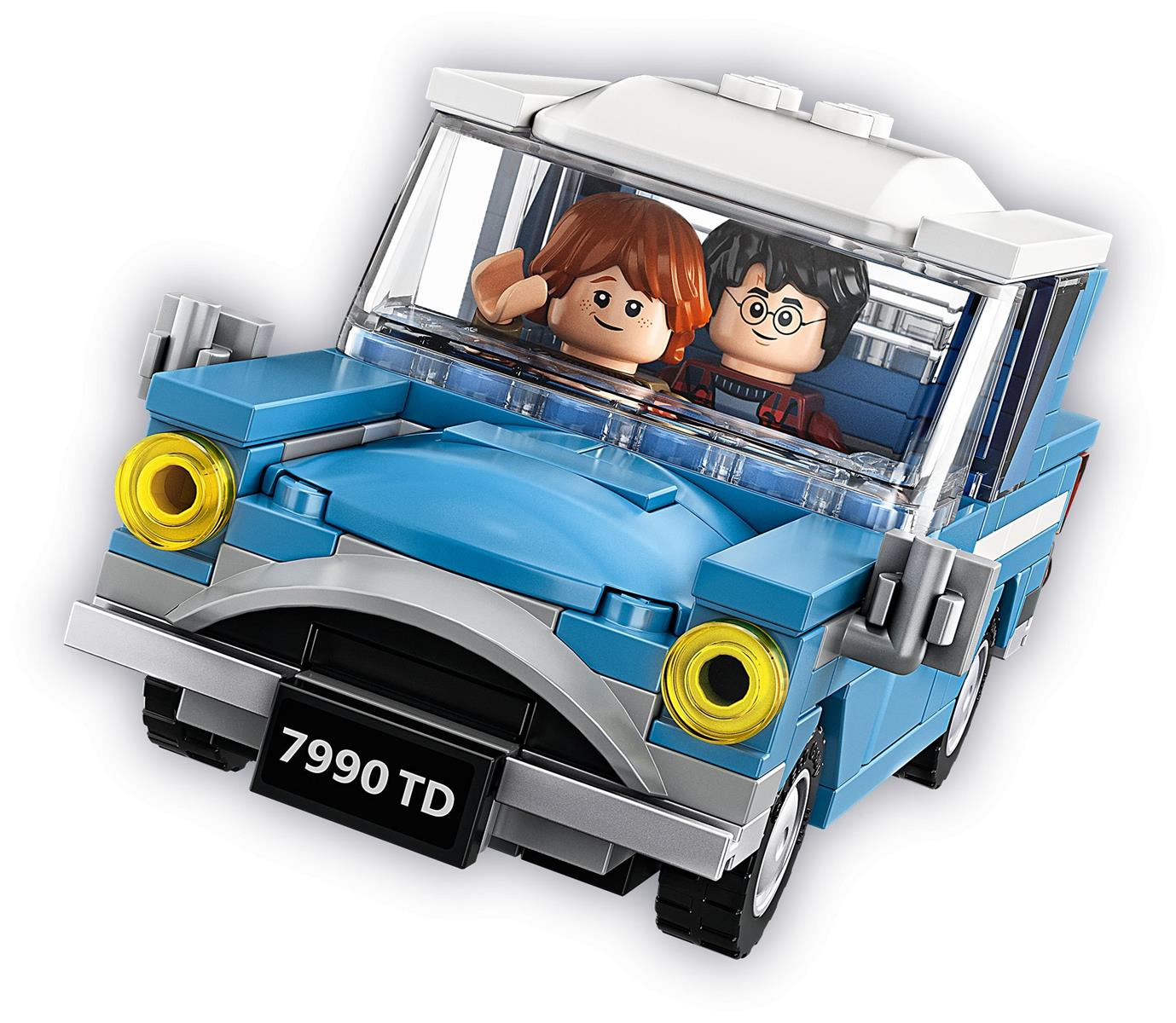Ein blaues Lego-Auto mit zwei Figuren, die darauf sitzen. Einer winkt.