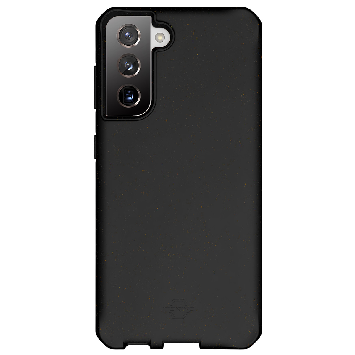 Custodia nera per telefono con ritaglio tripla fotocamera e logo.