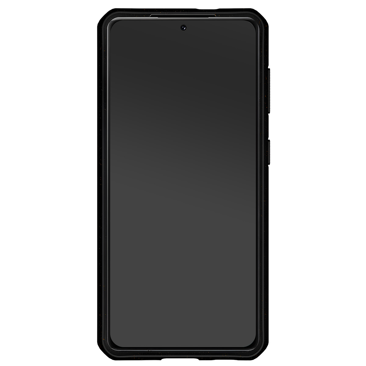 Uno smartphone nero con schermo scuro e pulsanti laterali.