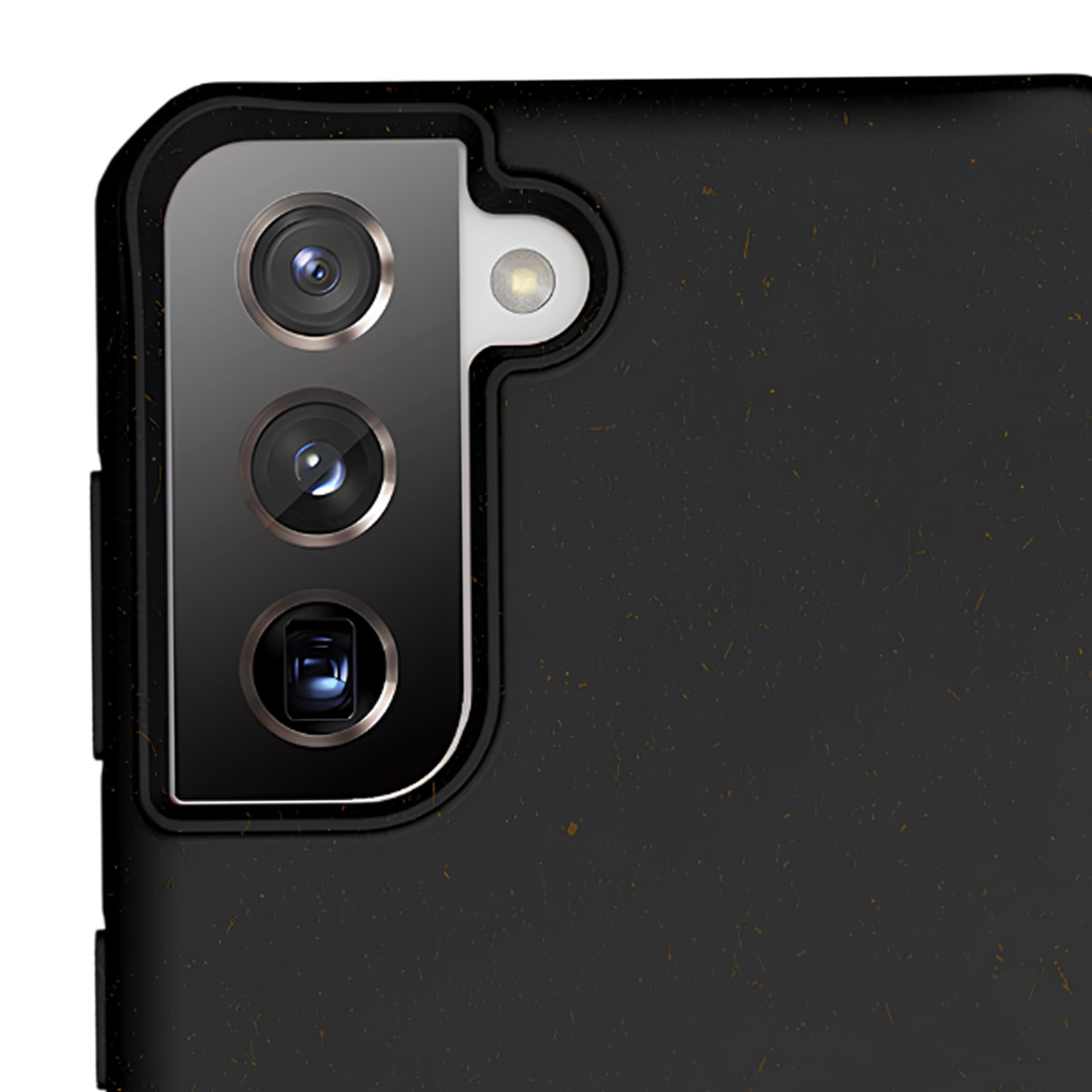 Custodia scura per telefono con tre fotocamere e flash.