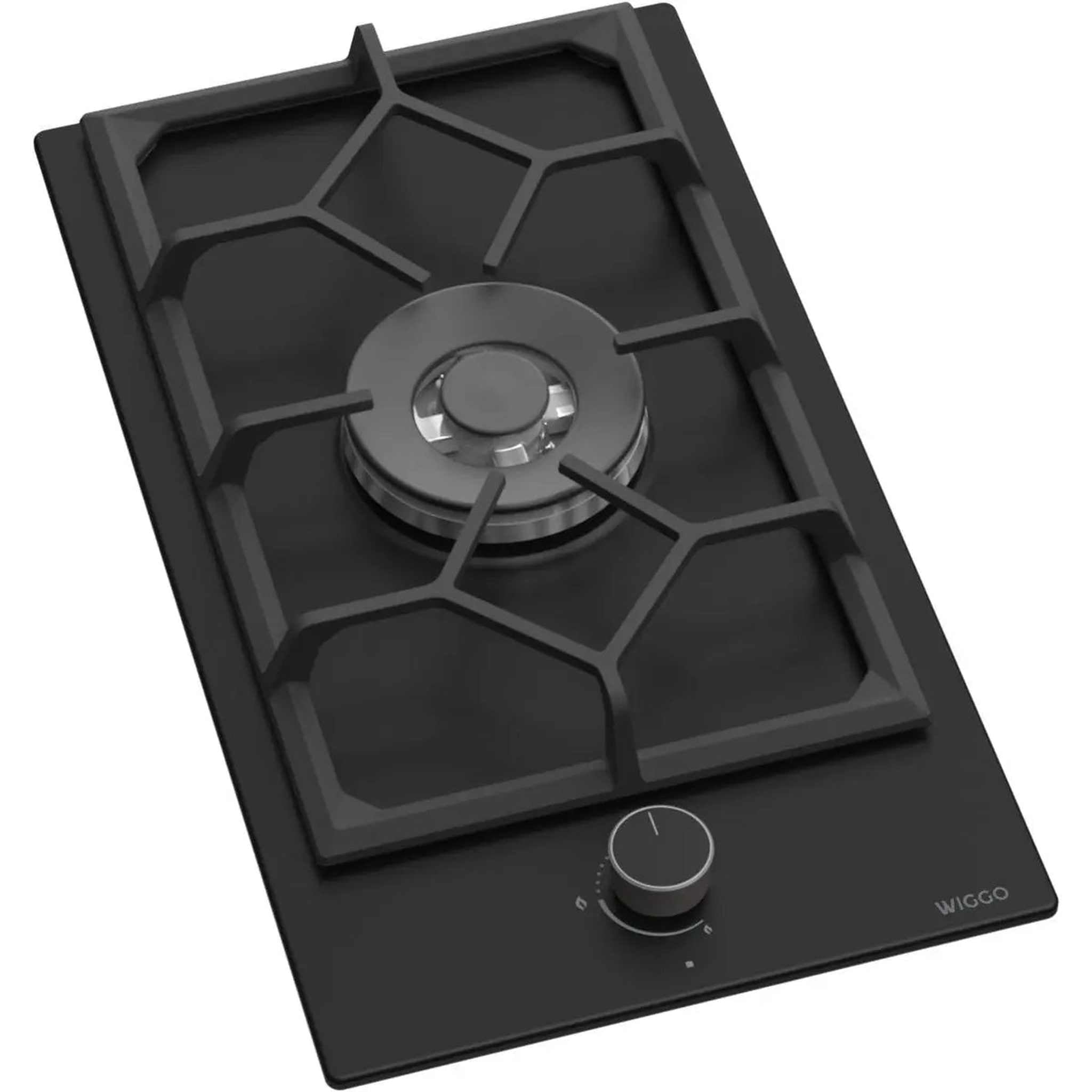 Zwart gasfornuis met één brander en een draaiknop.