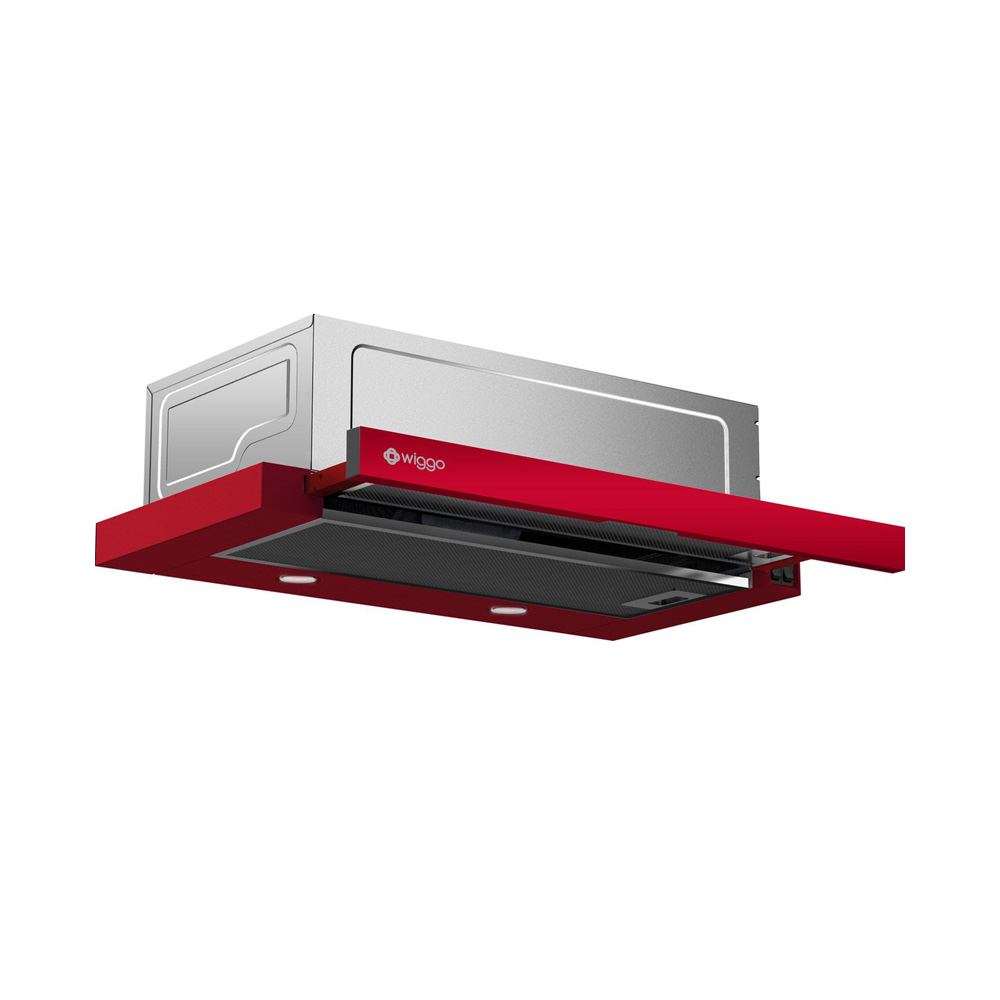 Une hotte rouge avec corps argenté et filtre noir.