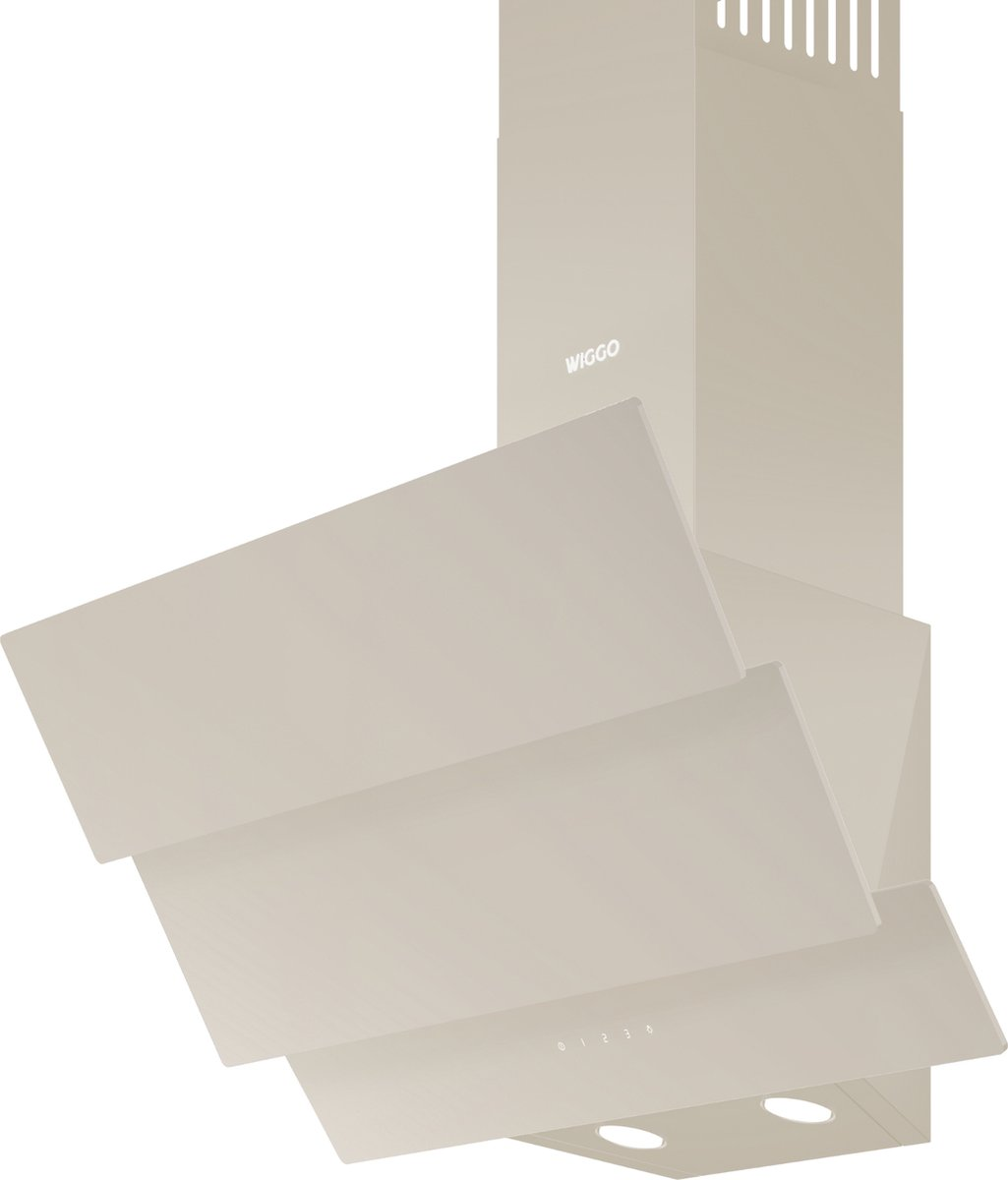 A beige modern design range hood with a touch control panel.