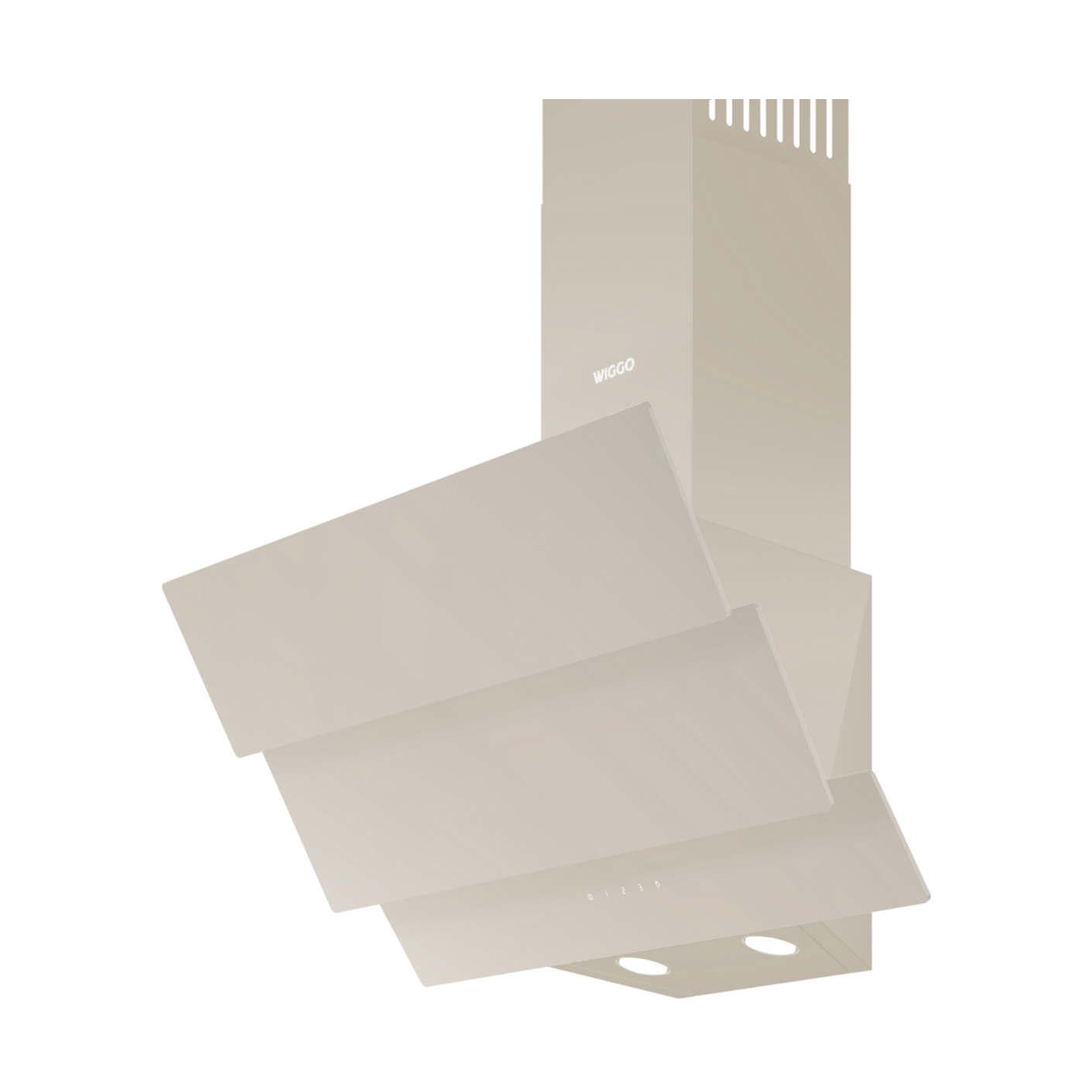 A beige range hood with a glass front and integrated lights.