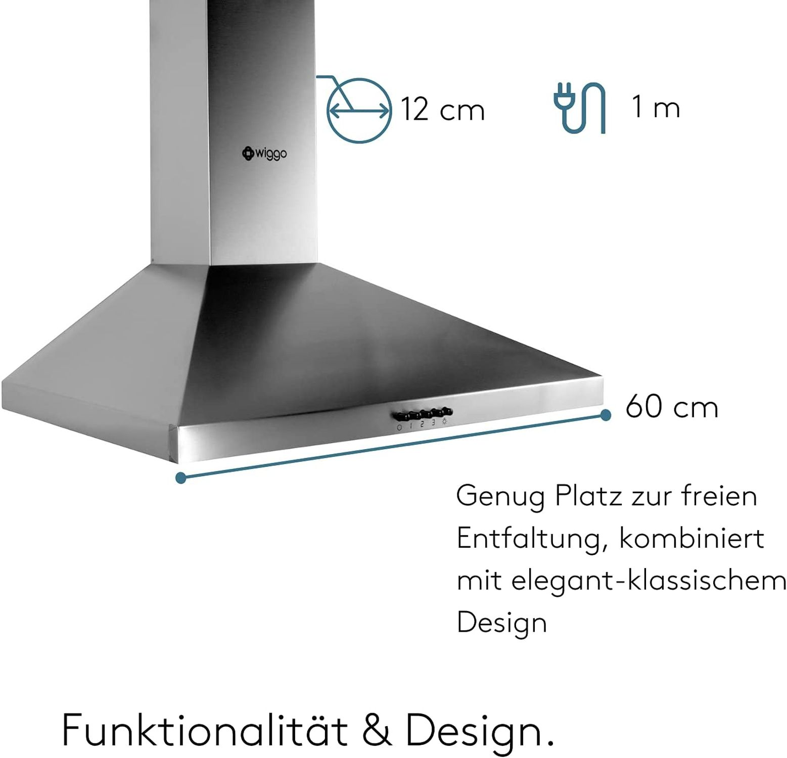 Edelstahl-Dunstabzugshaube mit 60 cm Breite, 12 cm Abluft, 1 m Kabel.