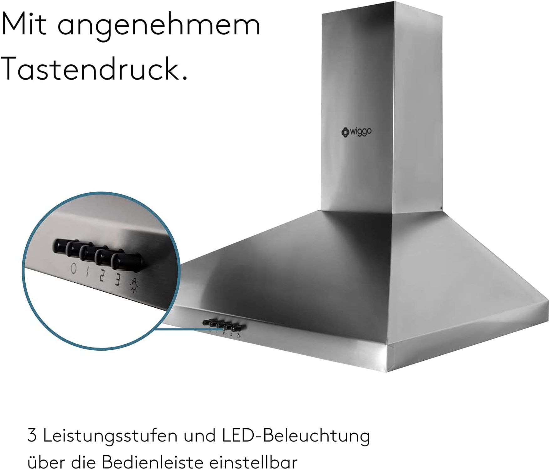 Edelstahl Dunstabzugshaube mit Tastenbedienfeld und dem Logo 'wiggo'.
