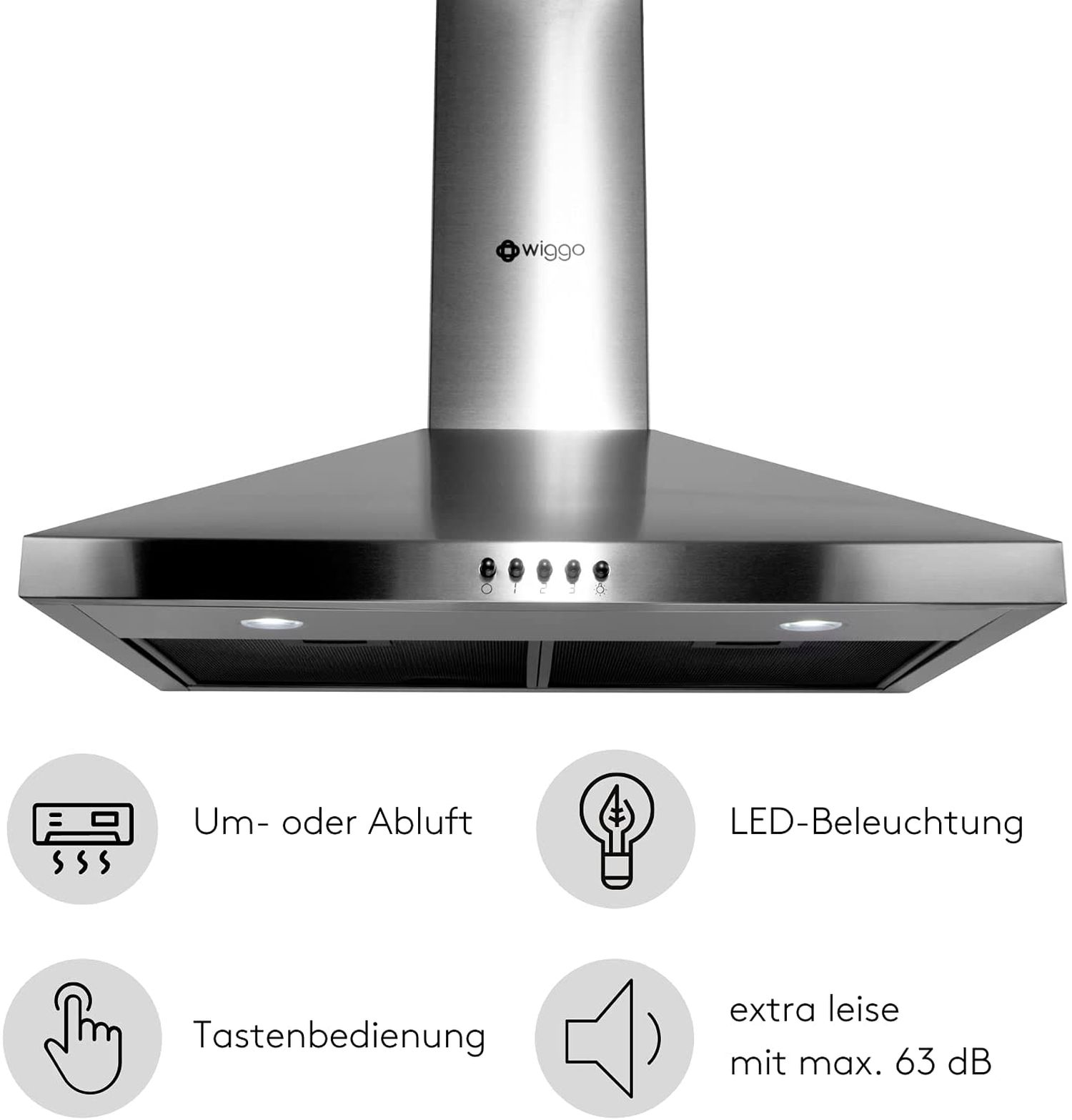 Edelstahl Dunstabzugshaube mit Bedienelementen und Icons für Funktionen.