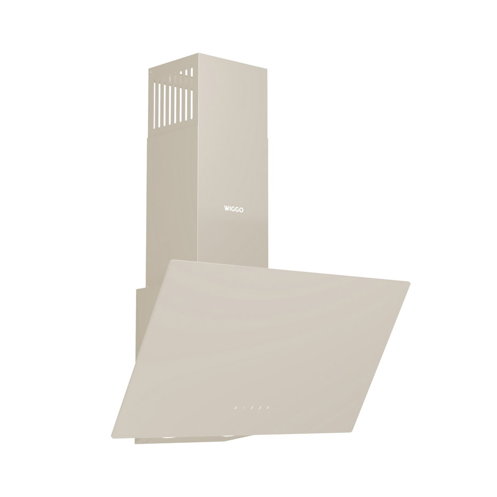 Een crèmekleurige afzuigkap met een stijlvol design op een witte achtergrond.