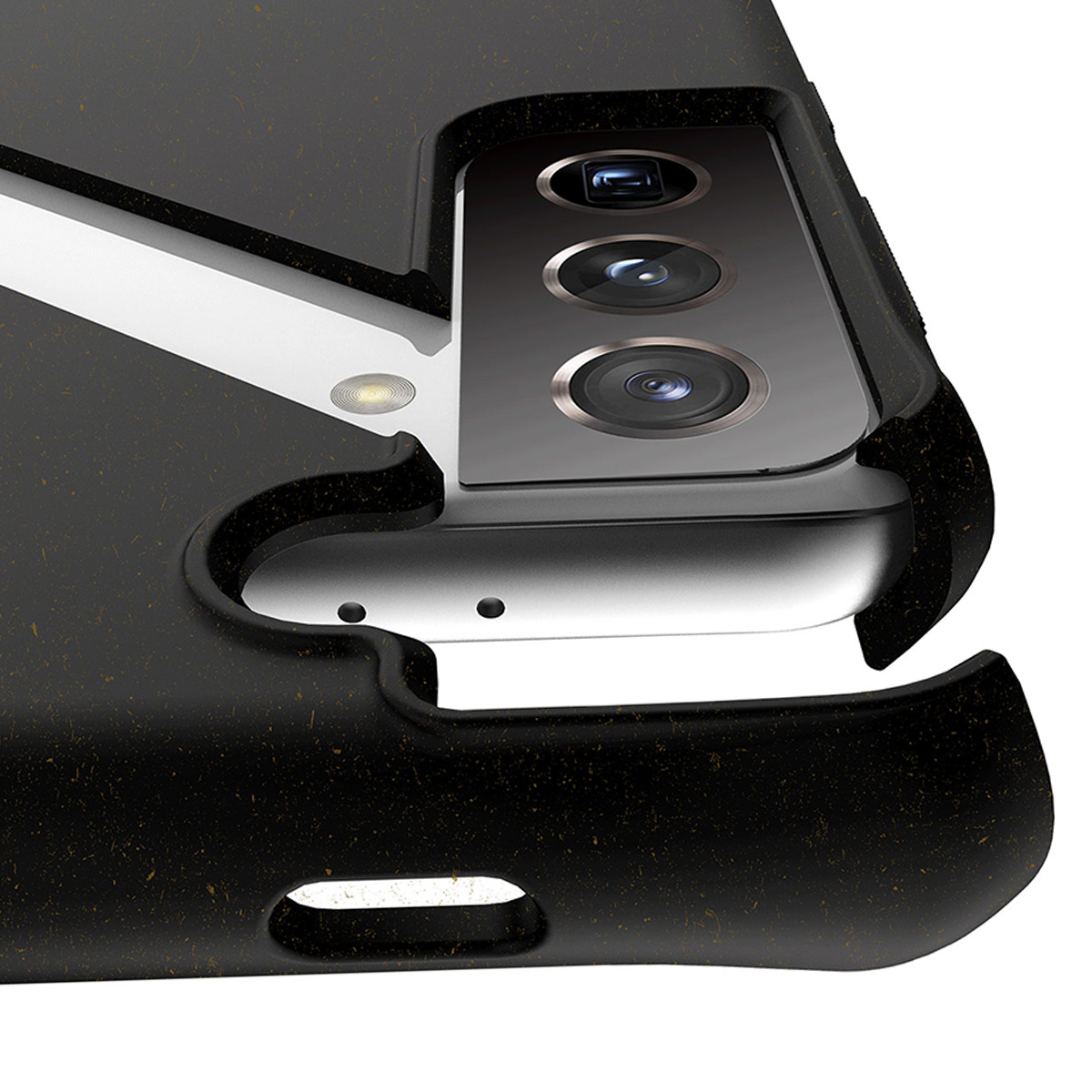 Primo piano di una custodia nera per telefono con tre obiettivi e un flash.