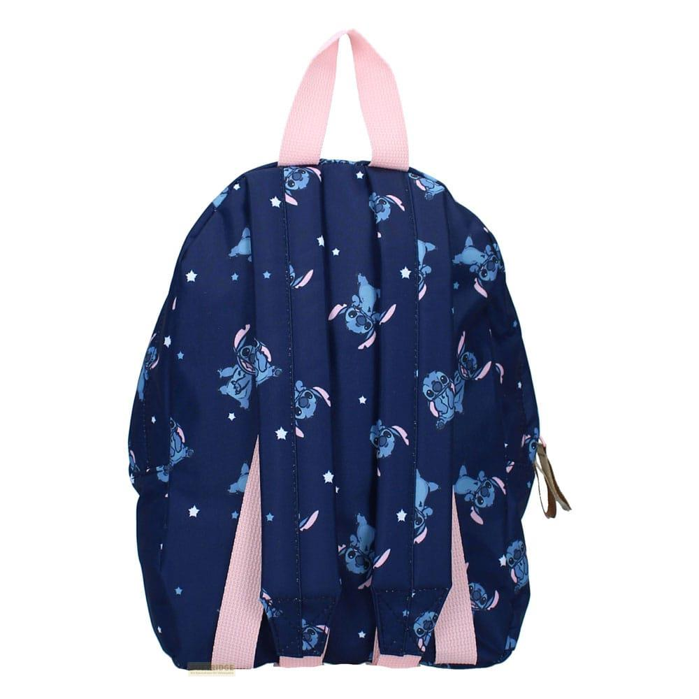 Ein dunkelblauer Rucksack mit Stitch-Aufdruck und rosa Trägern.