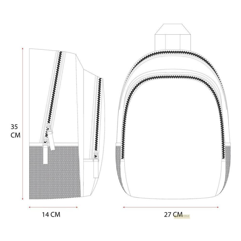 Eine schematische Zeichnung eines Rucksacks mit Maßen 35x14x27 cm.