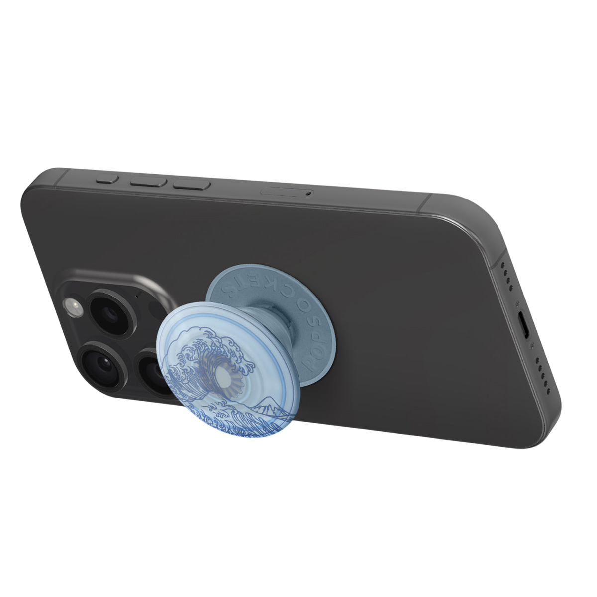 Un PopSocket con motivo a onde su uno smartphone nero.