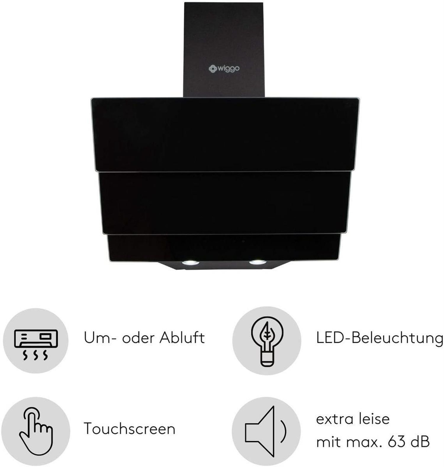 Zwarte afzuigkap met touchscreen, LED-verlichting en stille werking.
