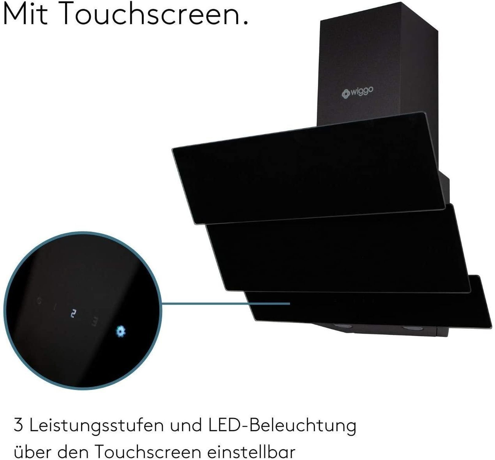 Zwarte afzuigkap met touchscreen bedieningspaneel en Wiggo logo.