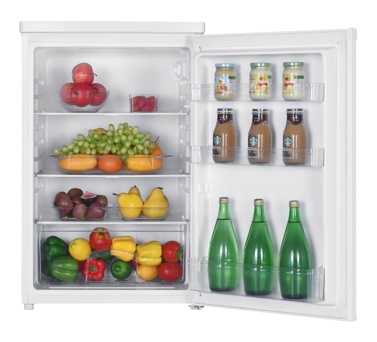 An open refrigerator with fruits, vegetables, and drinks on multiple shelves.