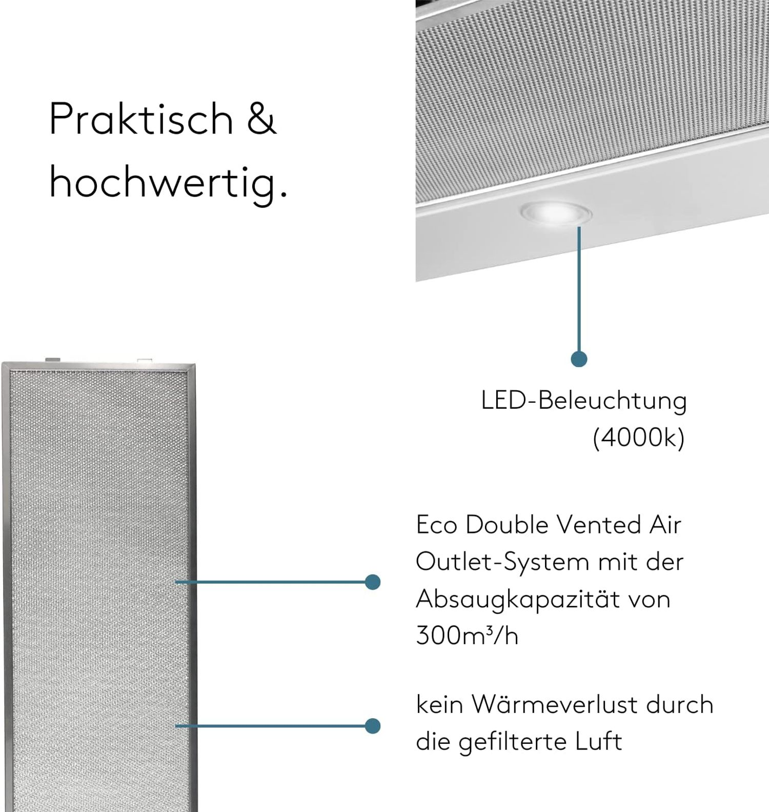 Hotte aspirante avec éclairage LED, filtre métallique et extraction de 300m³/h.