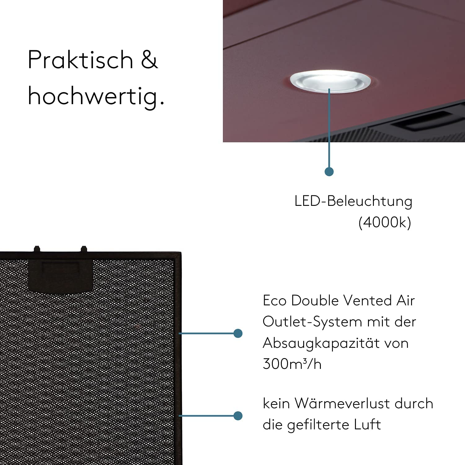Hotte pratique et de haute qualité avec éclairage LED et forte puissance d'extraction.