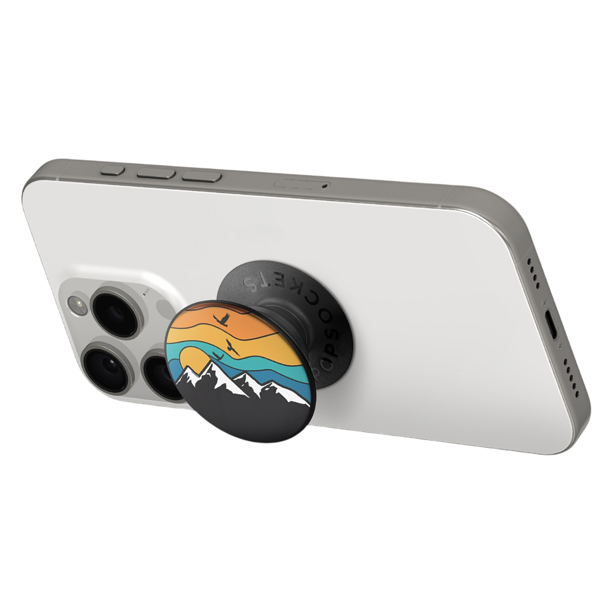 Un PopSocket con design montano su uno smartphone bianco.