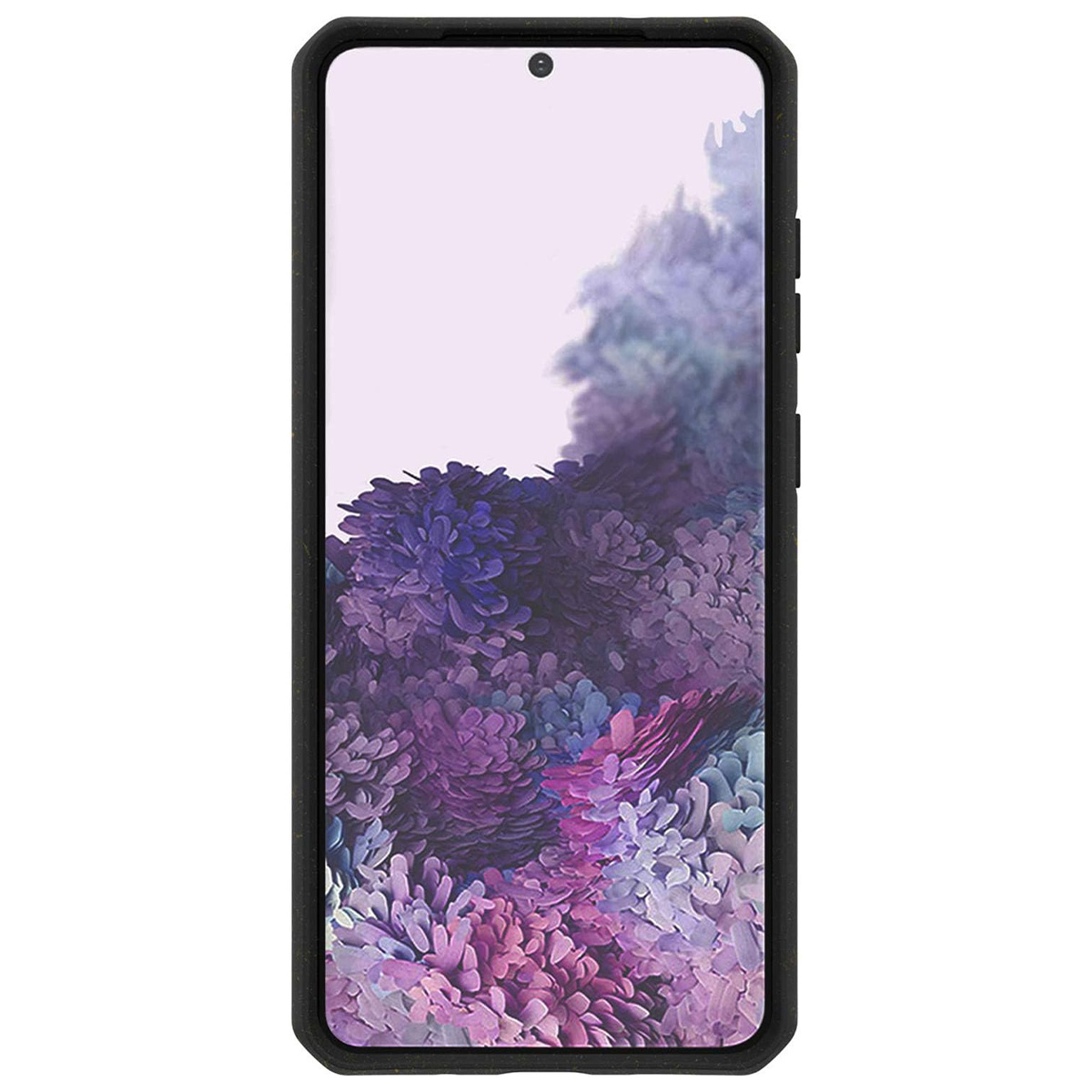 Ein schwarzes Smartphone mit floralem Hintergrund in Lila- und Blautönen.