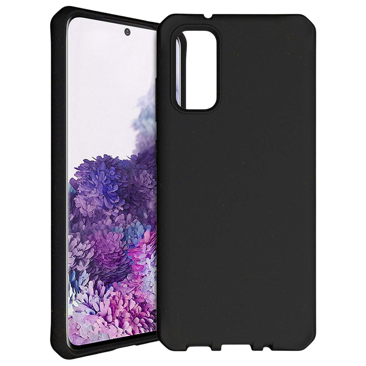 Schwarze Handyhülle mit einem Smartphone-Display mit lila Blumenmuster.