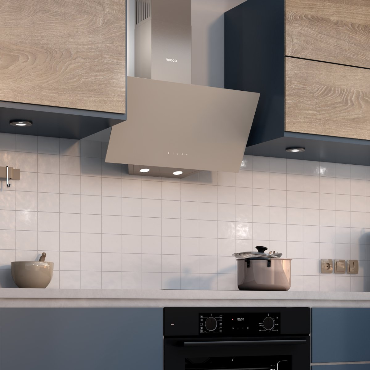 Modern kitchen with a range hood, wooden cabinets, and white tile backsplash.