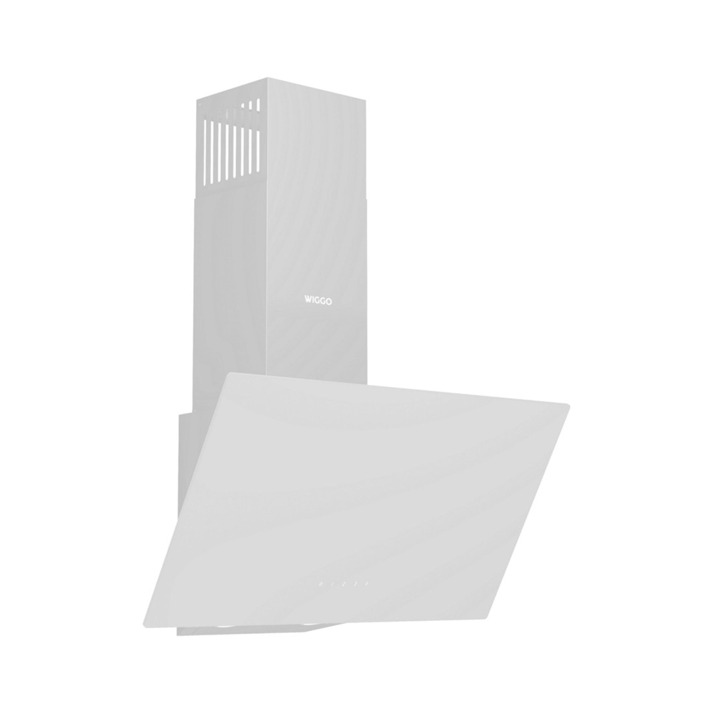 Een witte afzuigkap met schuin ontwerp en ventilatieopeningen.