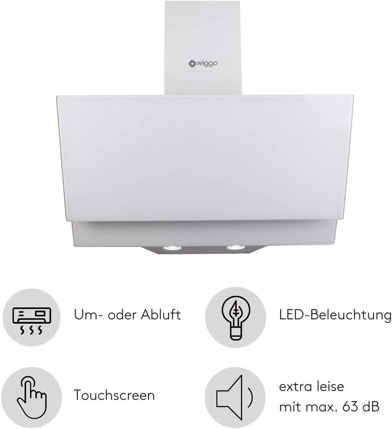 Eine weiße Dunstabzugshaube mit Touchscreen, LED-Beleuchtung und geringer Lautstärke.