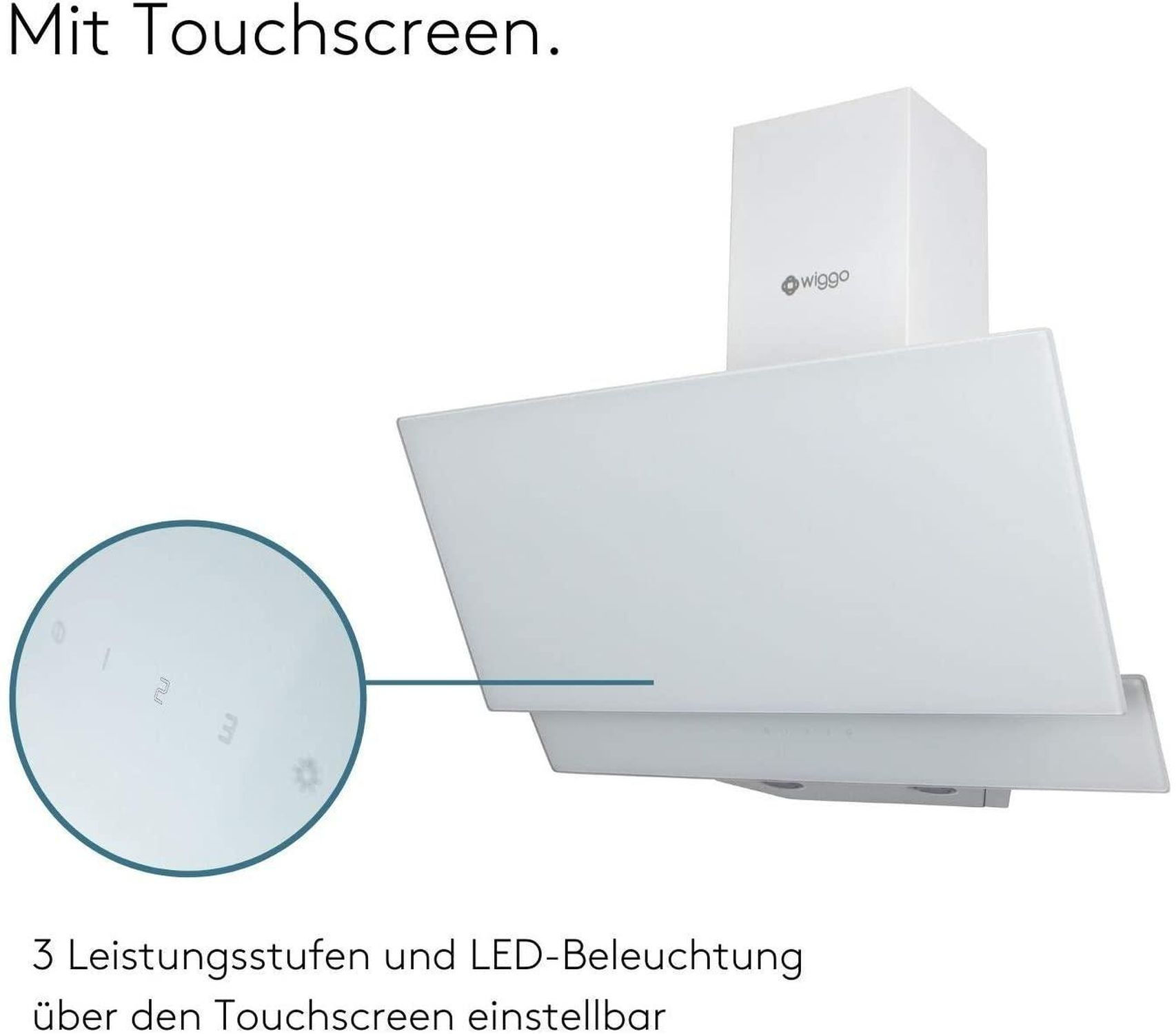 Weißer Dunstabzugshaube mit Touchscreen-Bedienfeld und Wiggo-Logo.