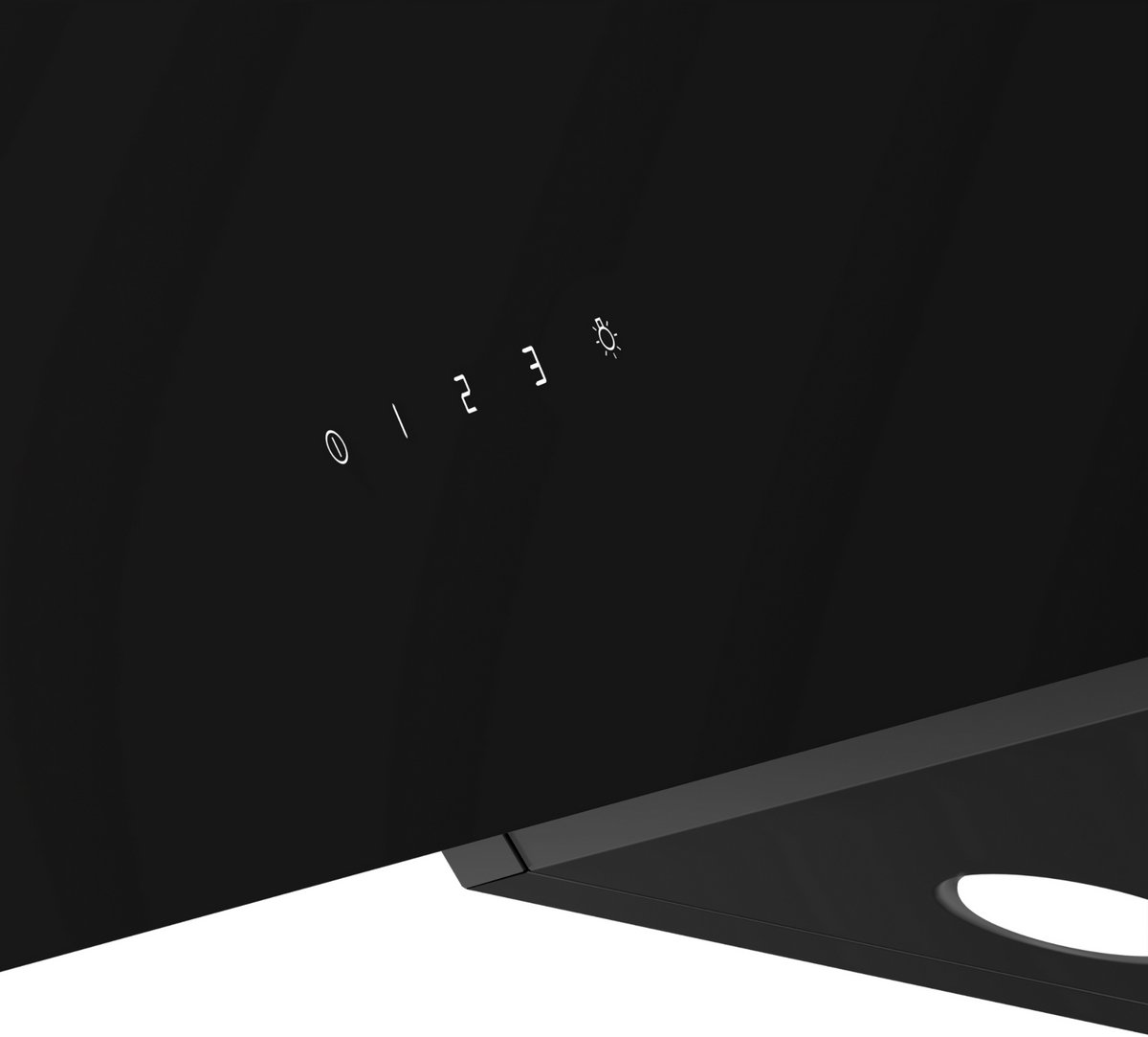 Black cooker hood with touch controls and a light icon.