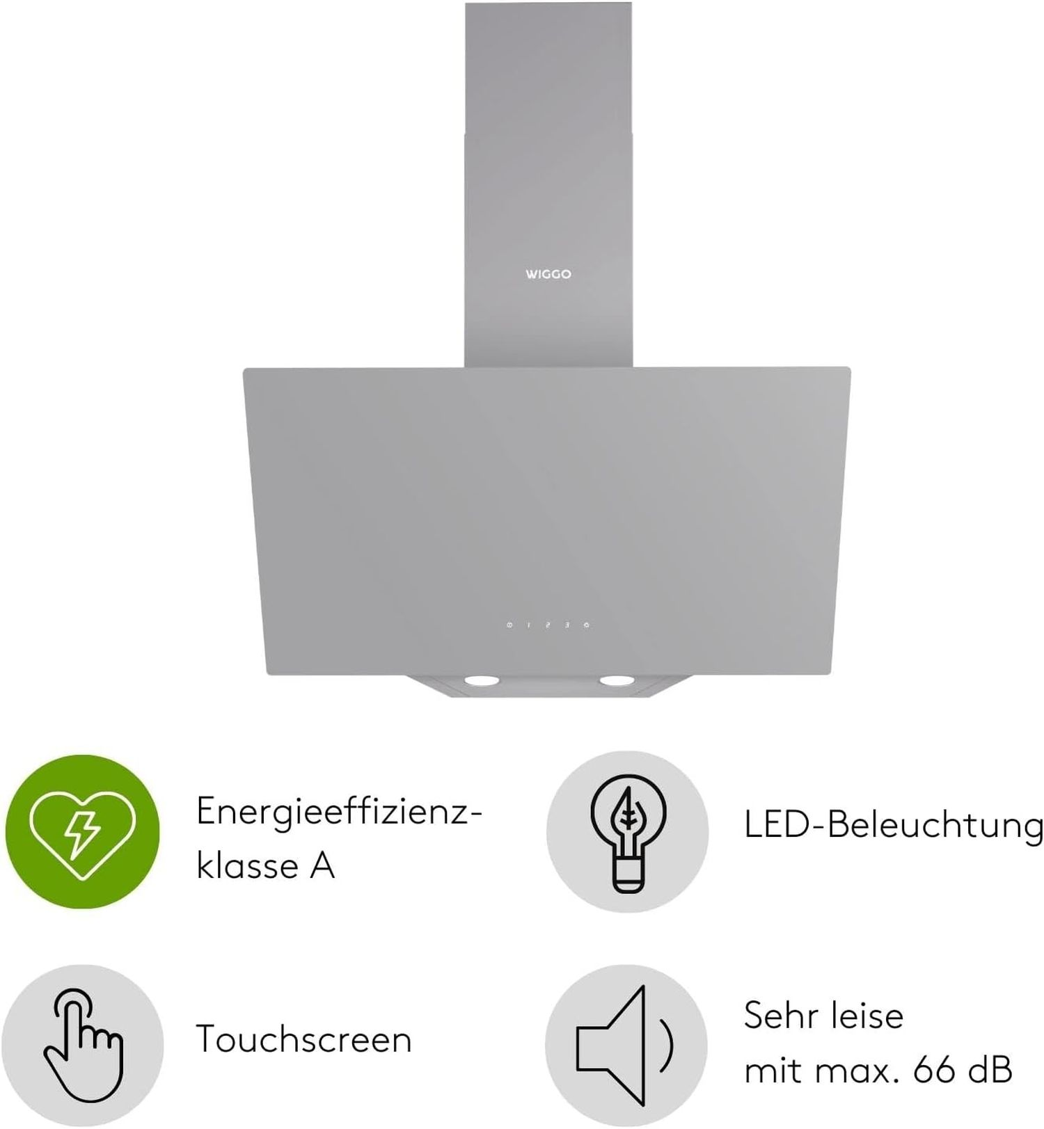 Grijze afzuigkap met touchscreen, LED-verlichting en laag geluidsniveau.