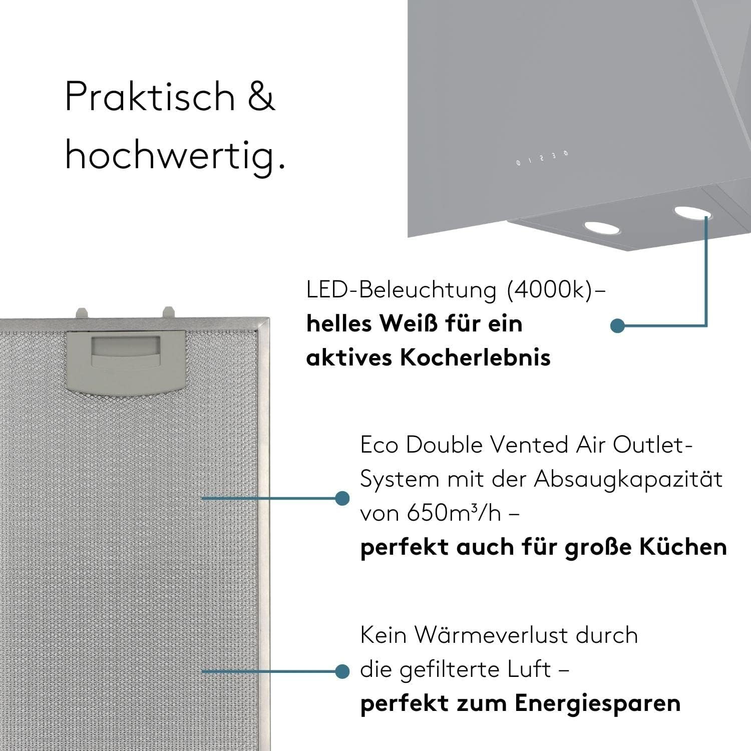 Praktische afzuigkap met LED-verlichting, dubbele luchtuitlaat, 650m³/u.