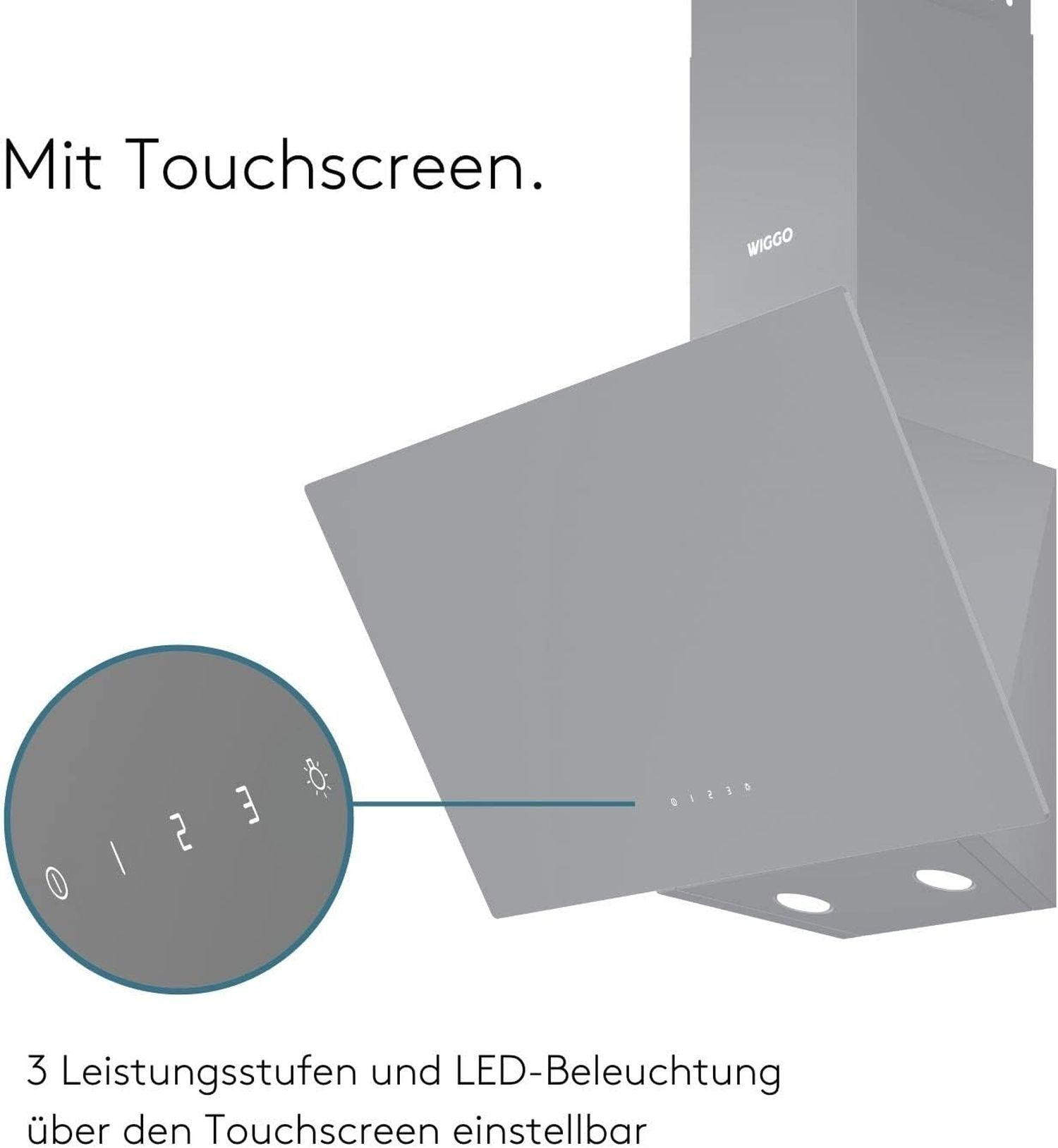 Grijze afzuigkap met touchscreen bedieningspaneel en verlichting.