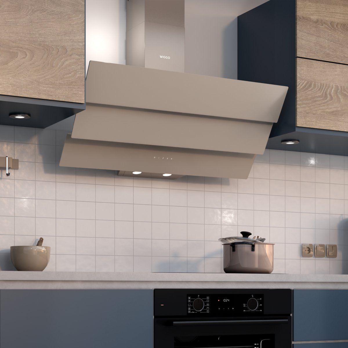Cuisine moderne avec hotte, plaque de cuisson et armoires.