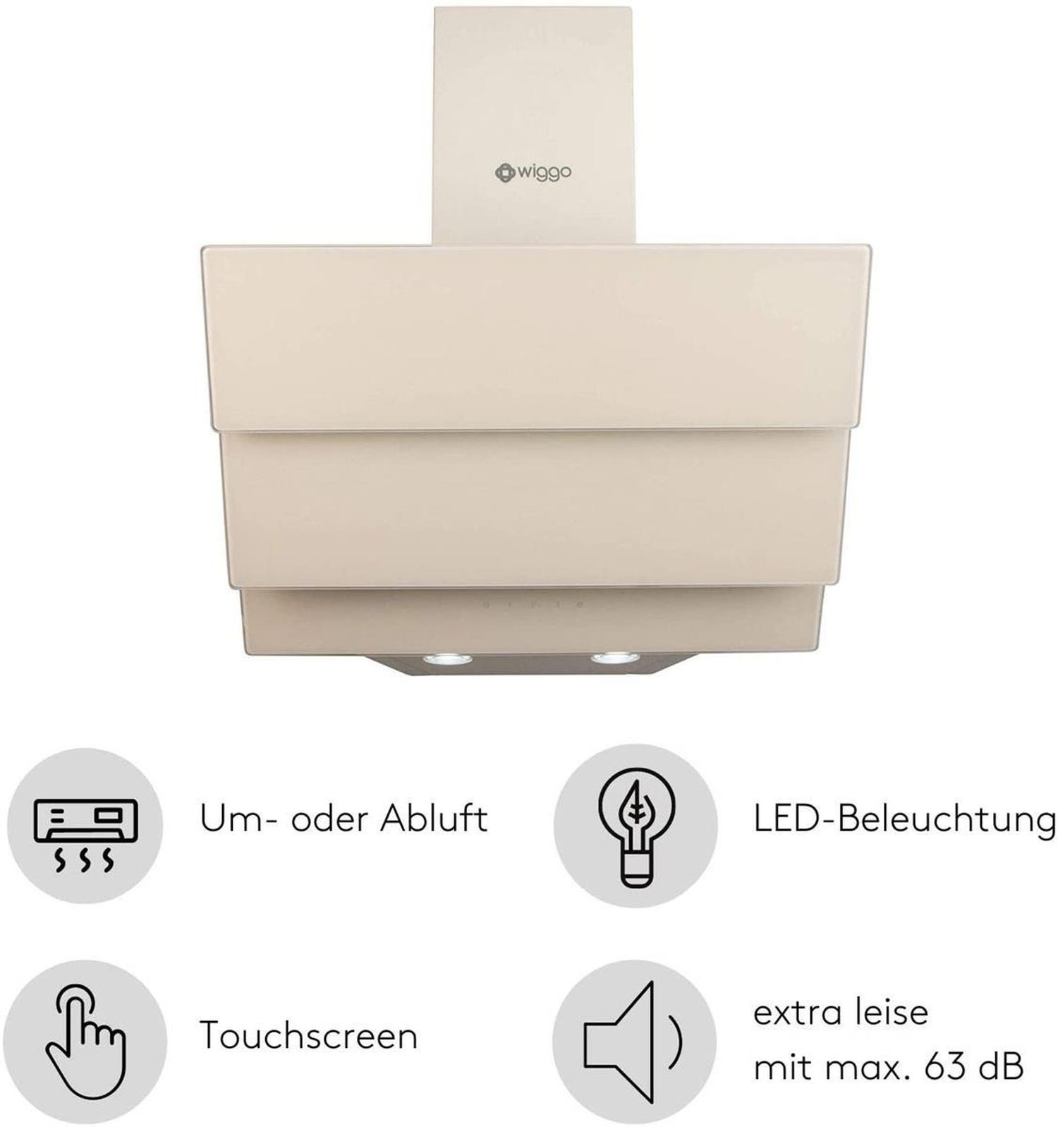 Une hotte aspirante de couleur crème avec logo Wiggo, écran tactile, éclairage LED.