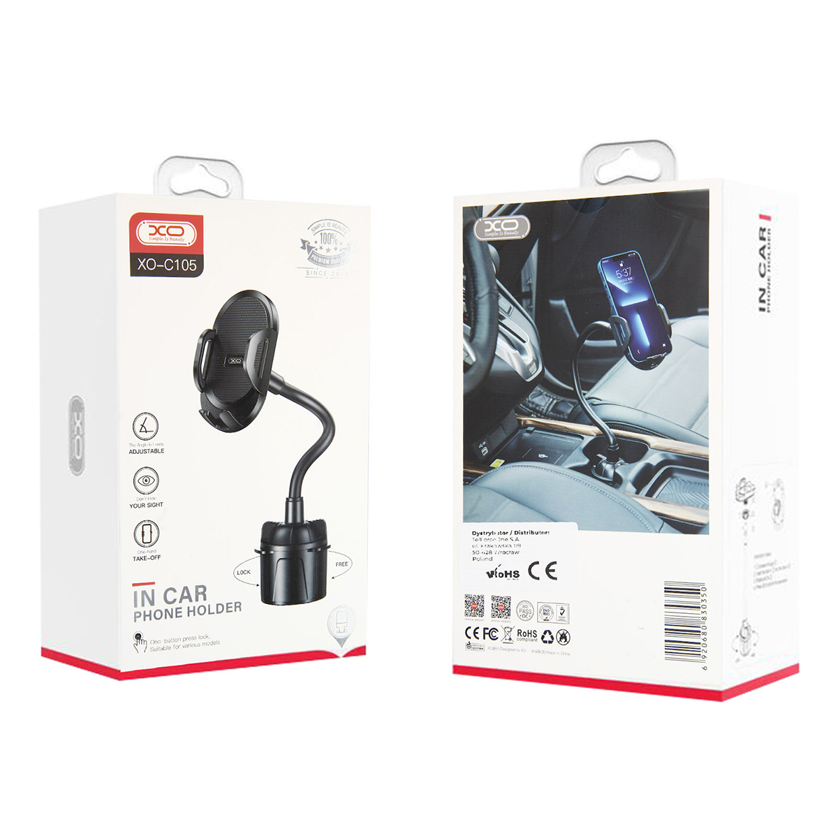 Verpackung eines Kfz-Handyhalters mit Produktabbildungen und Informationen.