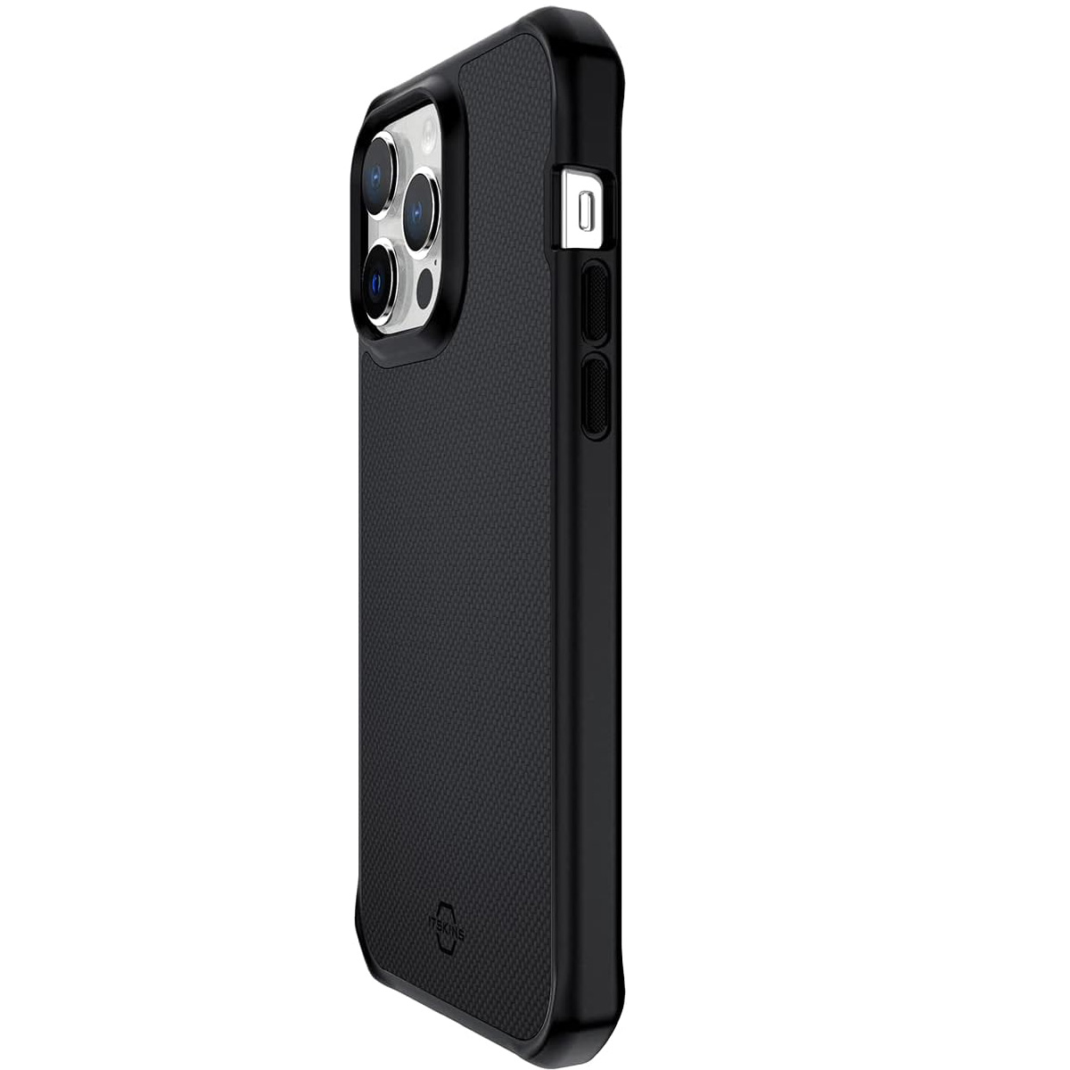 Custodia nera per telefono con motivo testurizzato e modulo fotocamera.