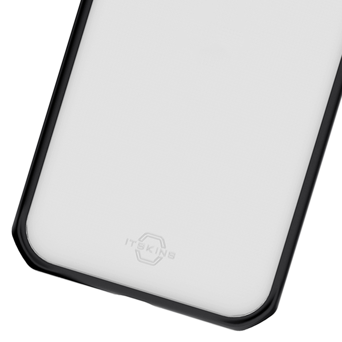 Primo piano di una custodia trasparente per telefono con bordo nero e logo.