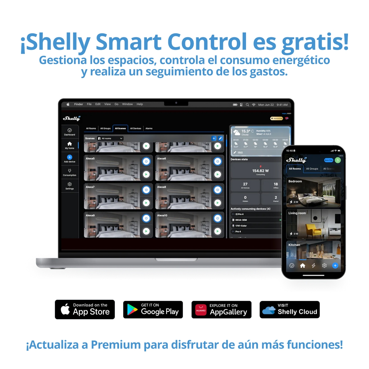 Zrzuty ekranu laptopa i smartfona wyświetlające aplikację Shelly Smart Control.
