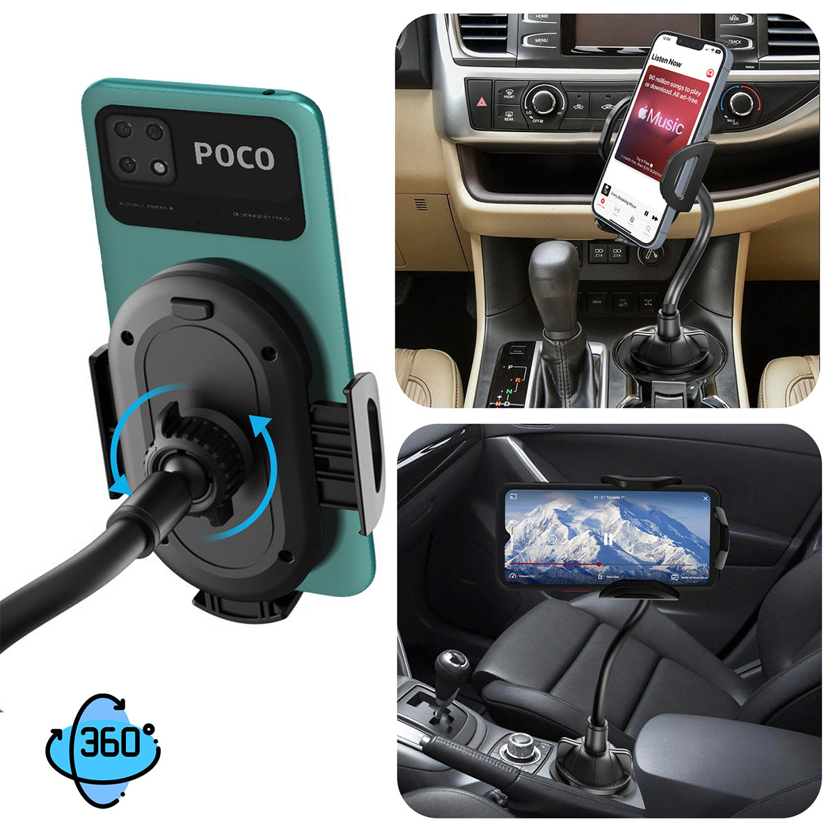 Handyhalterung im Auto mit drehbarem Arm und 360°-Symbol.