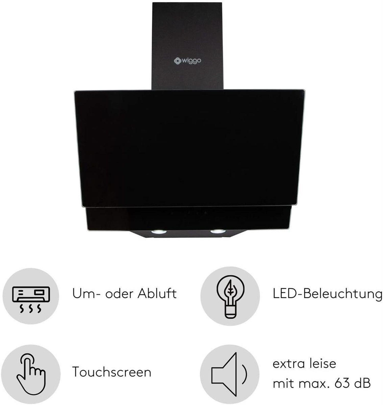Hotte aspirante noire avec logo Wiggo, écran tactile, éclairage LED.