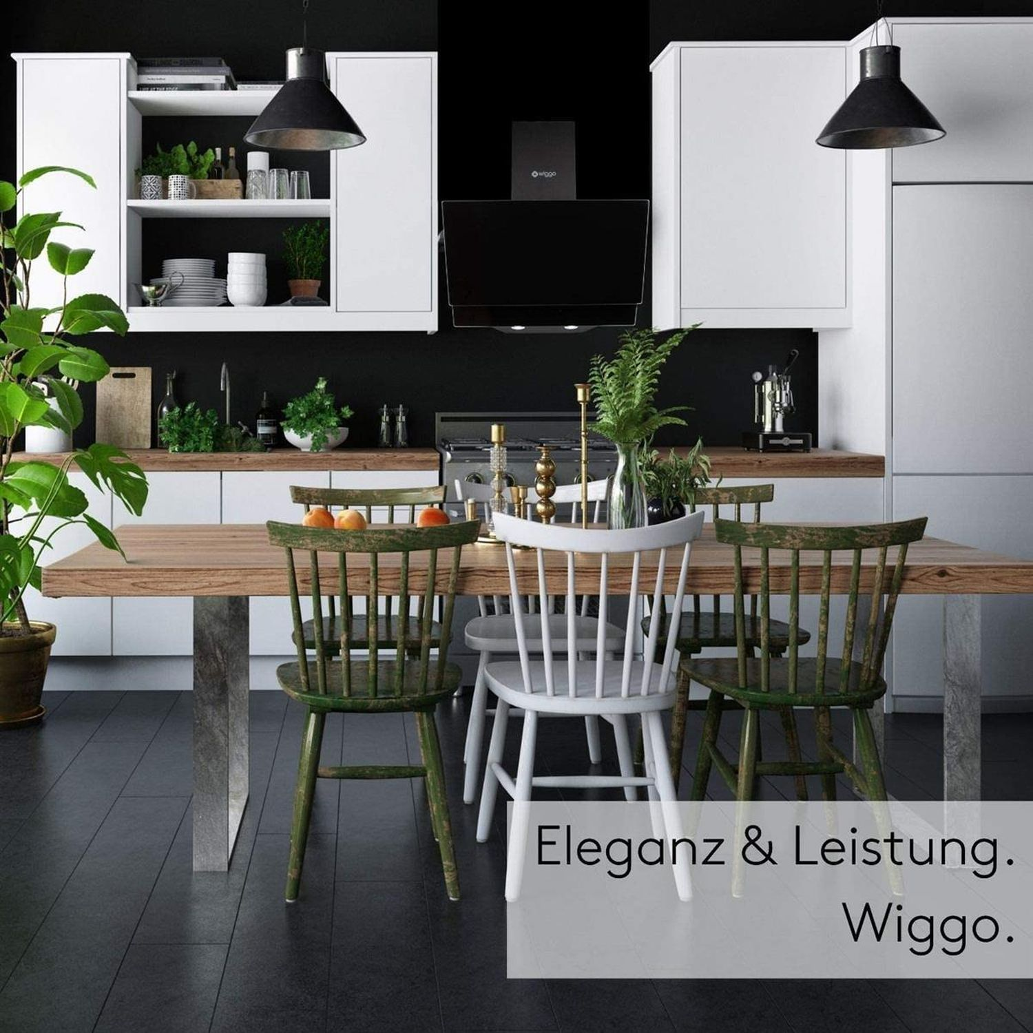 Une cuisine moderne avec table en bois, chaises vertes et blanches.