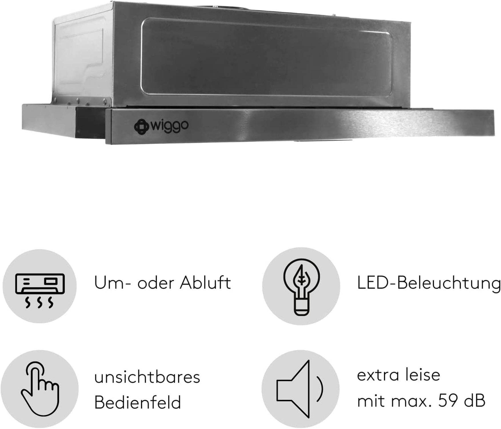 Edelstahl-Dunstabzugshaube mit Wiggo-Logo, Infos zu Luft, LED, Bedienfeld, Lautstärke.