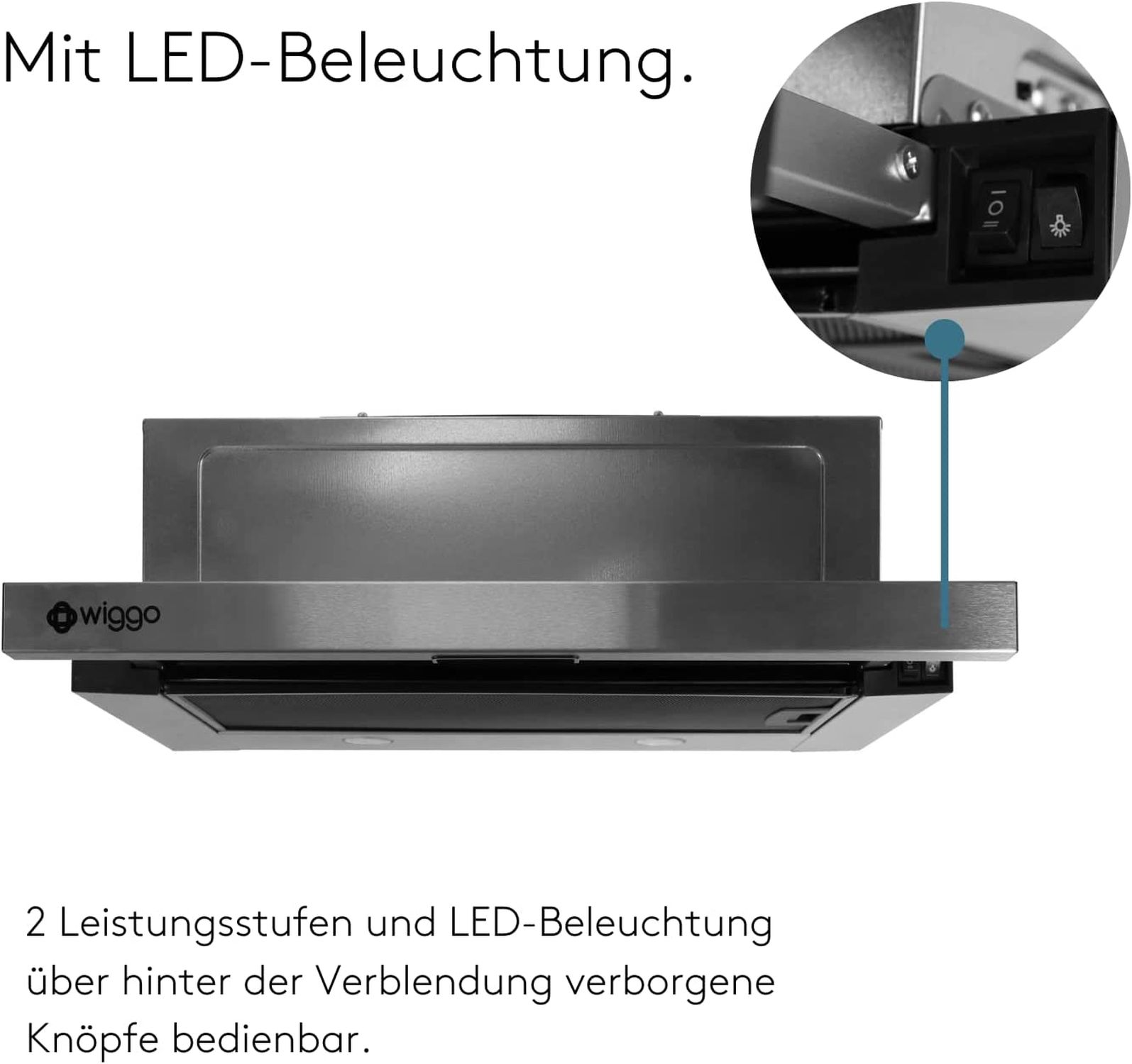 Edelstahl-Dunstabzugshaube mit beleuchtetem Wiggo-Logo und Schaltern.