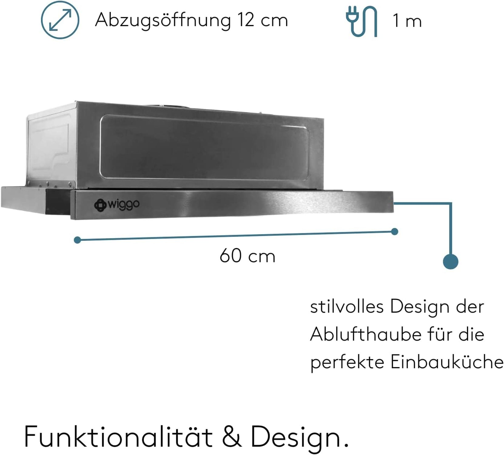 Edelstahl-Dunstabzugshaube mit 12cm Abluftöffnung und 60cm Breite.